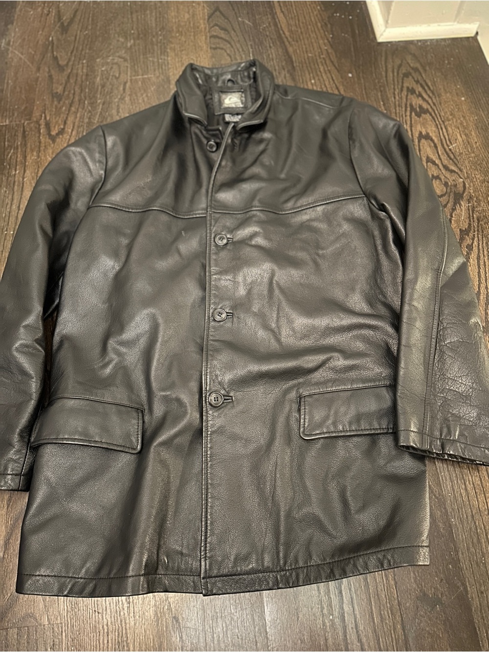 Men's Black Leather Pea Coat - Classic Button-Front